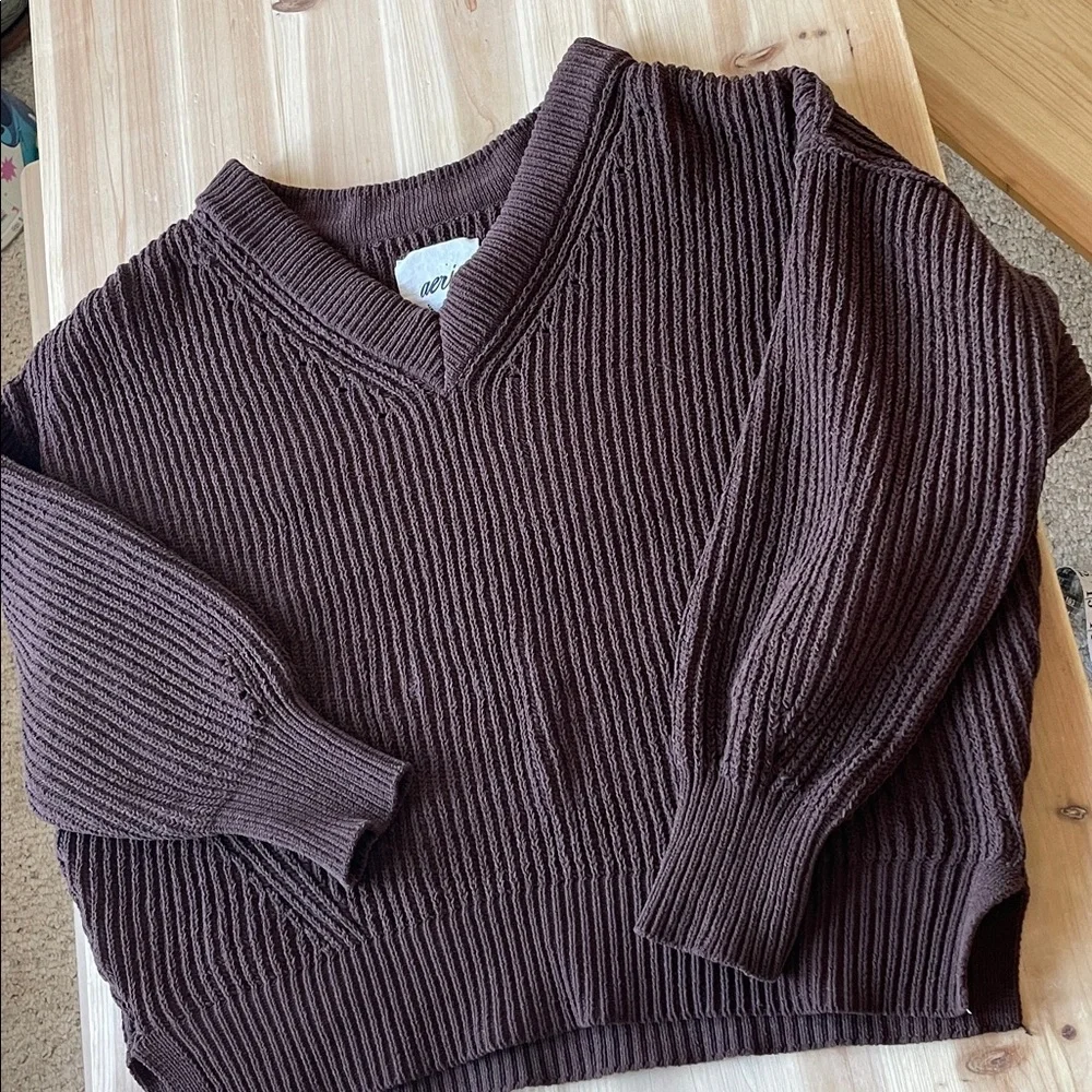 Aerie Beyond Chenille Rich Brown Slouchy Ribbed V-Neck Sweater